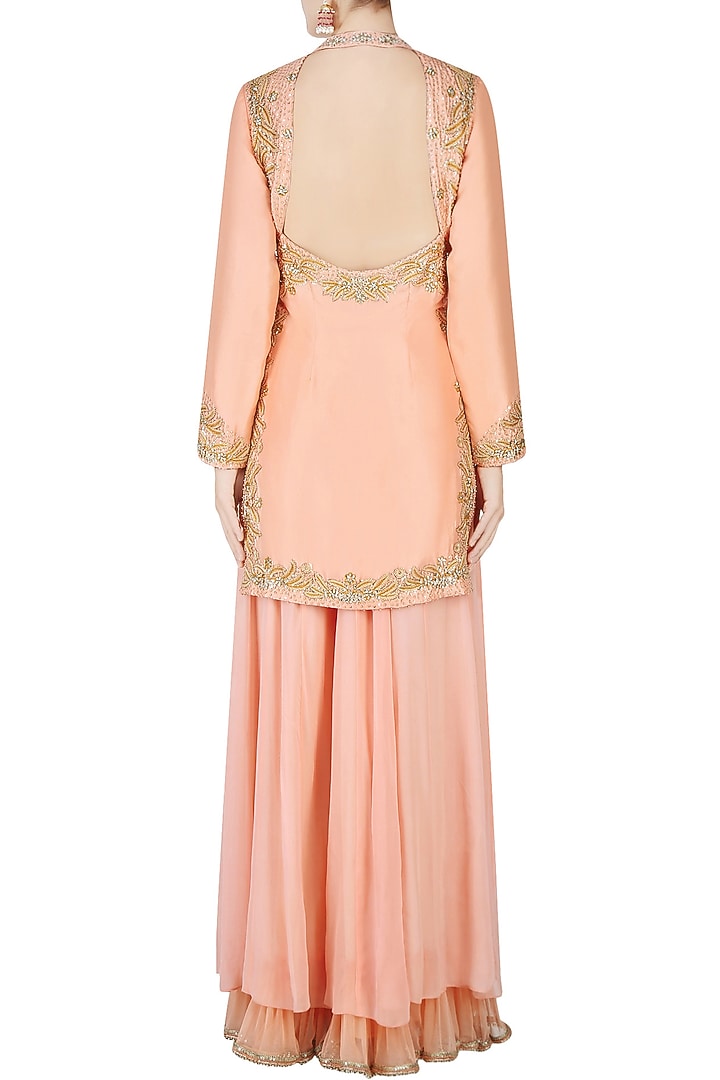 Peach embroidered kurta with kali sharara and embroidered organza dupatta available only at Pernia's Pop Up Shop.