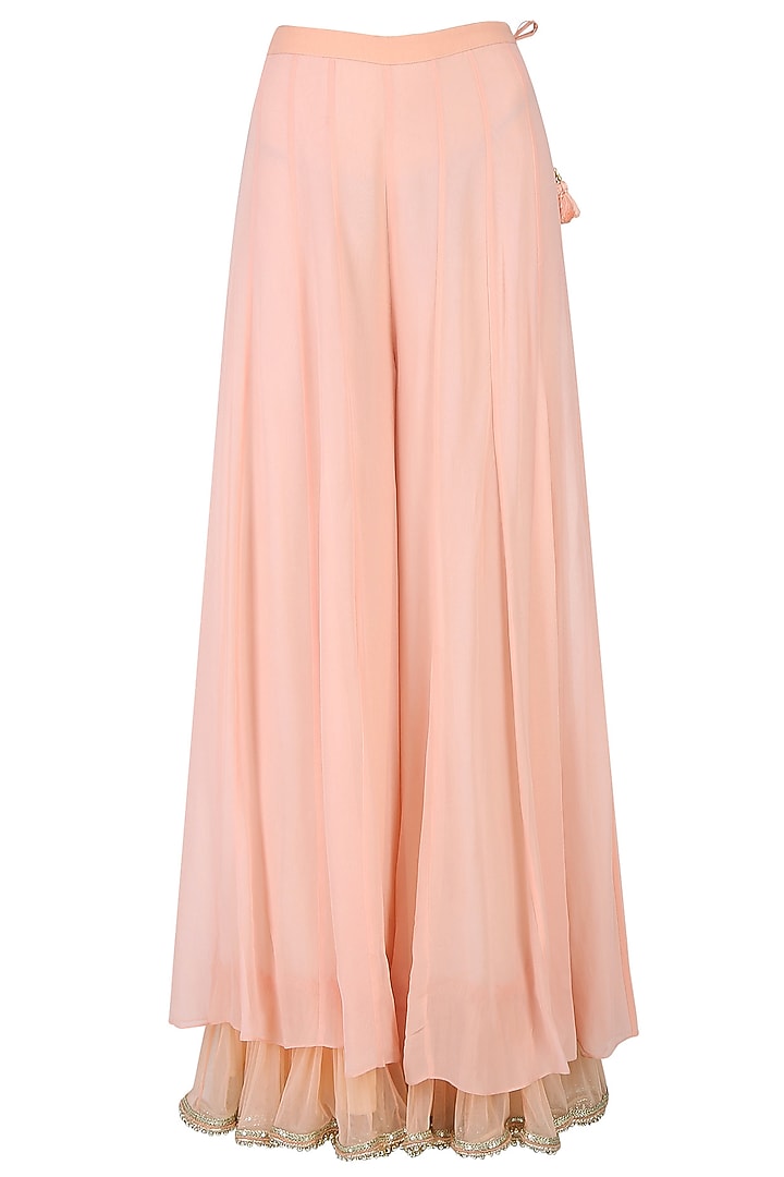 Peach embroidered kurta with kali sharara and embroidered organza dupatta available only at Pernia's Pop Up Shop.
