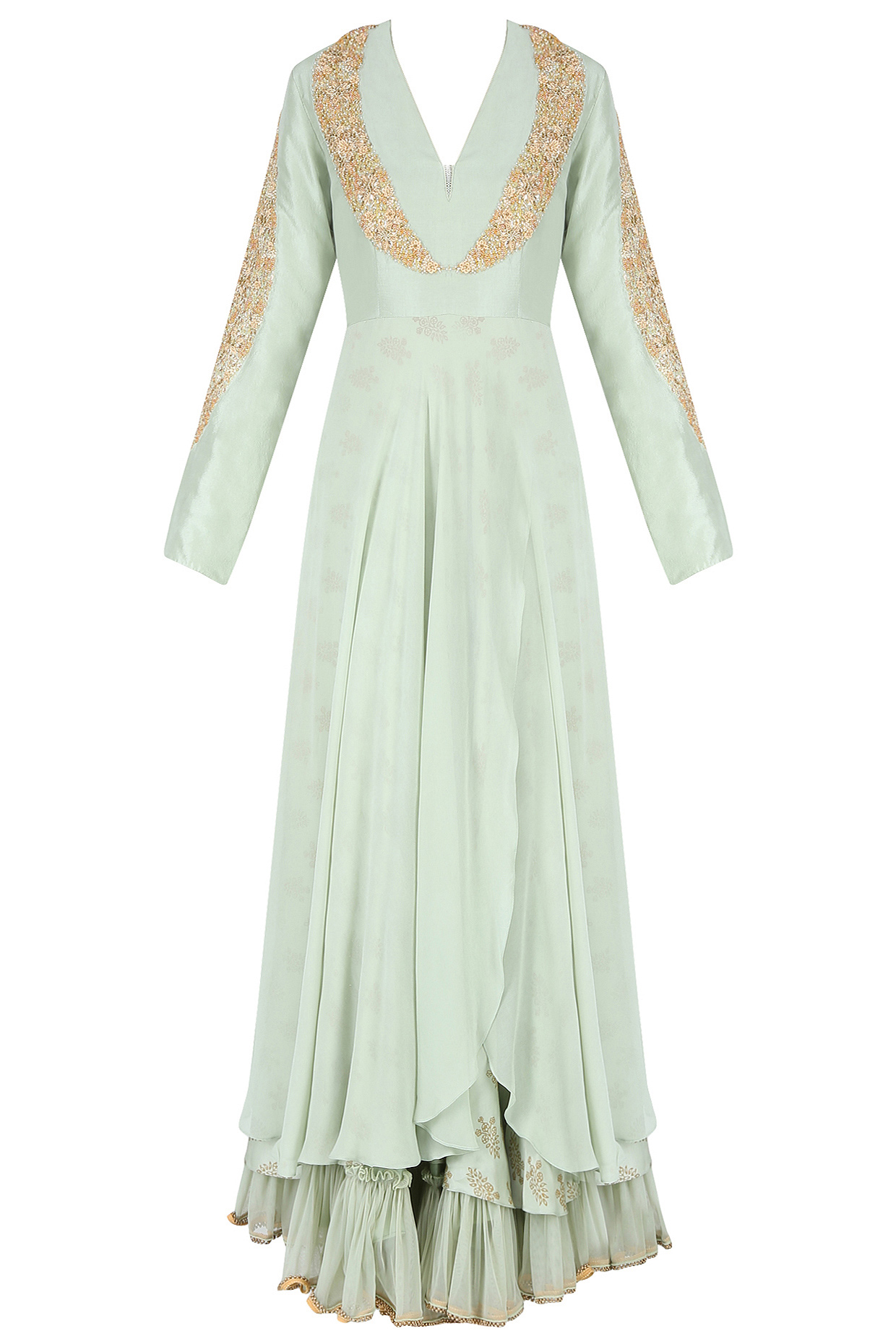 Mint embroidered front open layered kalidaar set with embellished dupatta available only at Pernia's Pop Up Shop.