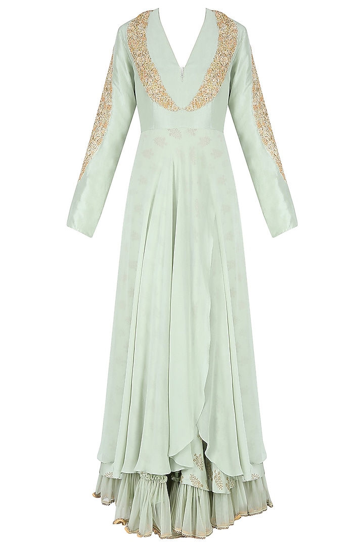 Mint embroidered front open layered kalidaar set with embellished dupatta available only at Pernia's Pop Up Shop.