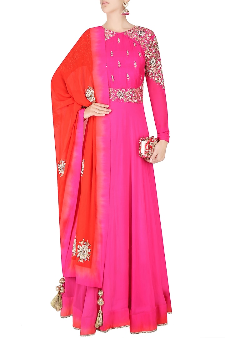 Magenta embroidered anarkali set with red contrast embellished dupatta available only at Pernia's Pop Up Shop.