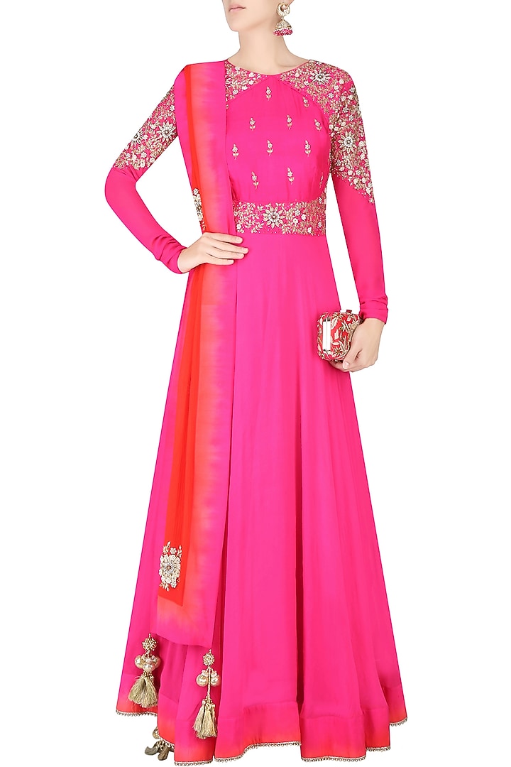 Magenta embroidered anarkali set with red contrast embellished dupatta available only at Pernia's Pop Up Shop.