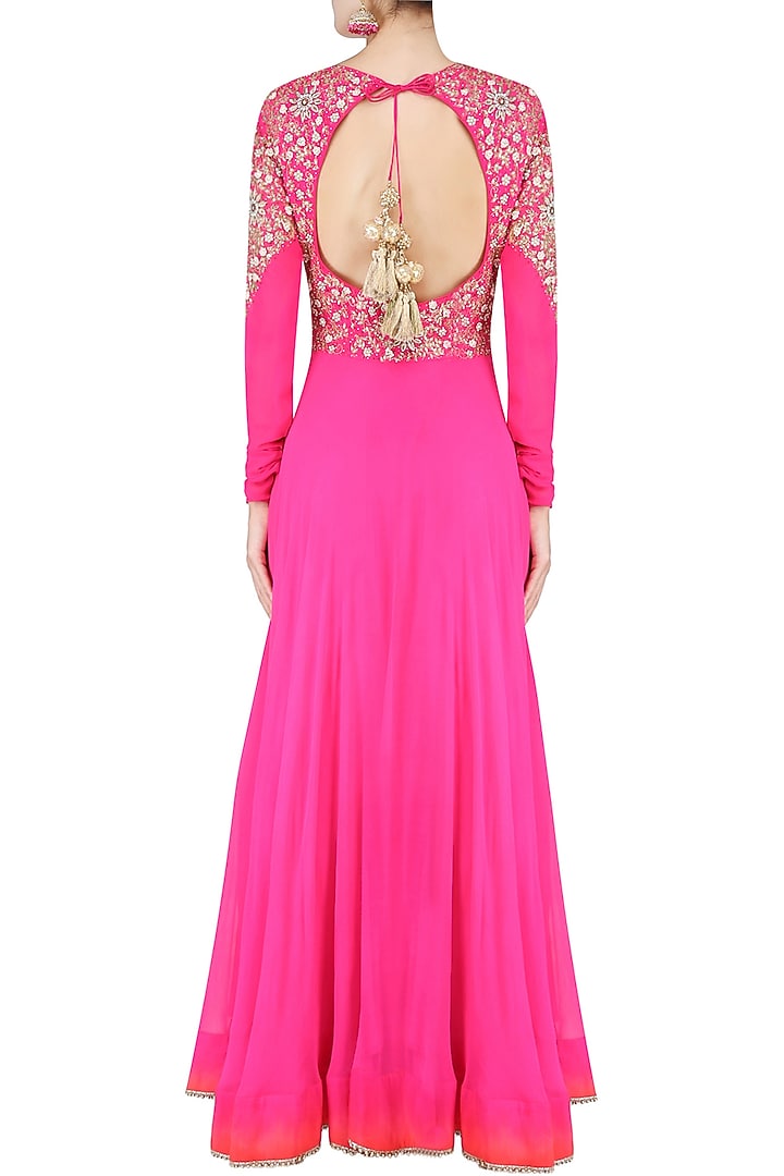 Magenta embroidered anarkali set with red contrast embellished dupatta available only at Pernia's Pop Up Shop.