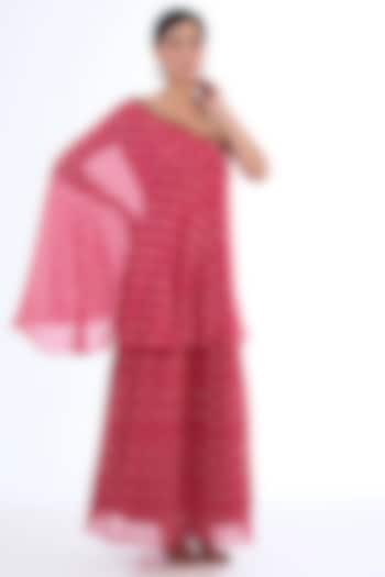 Rani Pink Viscose Georgette & Cotton Bandhani Printed One-Shoulder Double Layered Dress by Nikasha