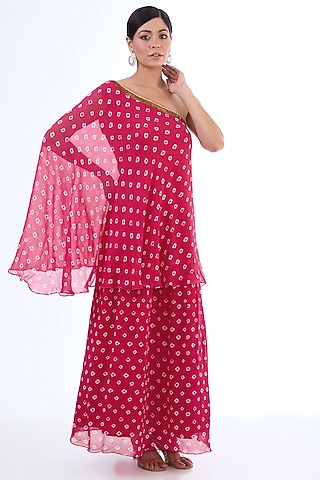 Rani Pink Viscose Georgette & Cotton Bandhani Printed One-Shoulder Double Layered Dress by Nikasha