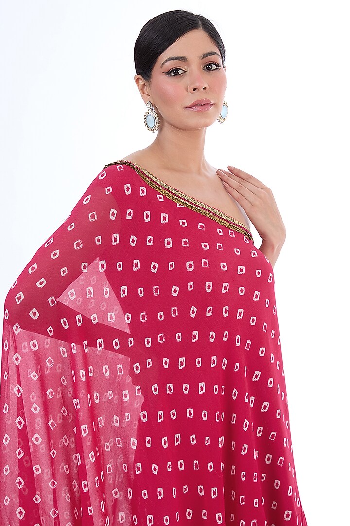Rani Pink Viscose Georgette & Cotton Bandhani Printed One-Shoulder Double Layered Vacation Dress by Nikasha at Pernia's Pop Up Shop