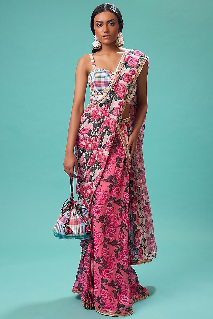 Pink & Cream Georgette Floral Printed Pre-Stitched Saree Set by Nikasha at Pernia's Pop Up Shop