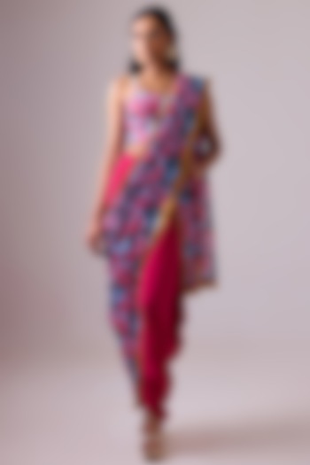 Pink & Blue Kota Dori Floral Printed Dhoti Saree Set by Nikasha at Pernia's Pop Up Shop