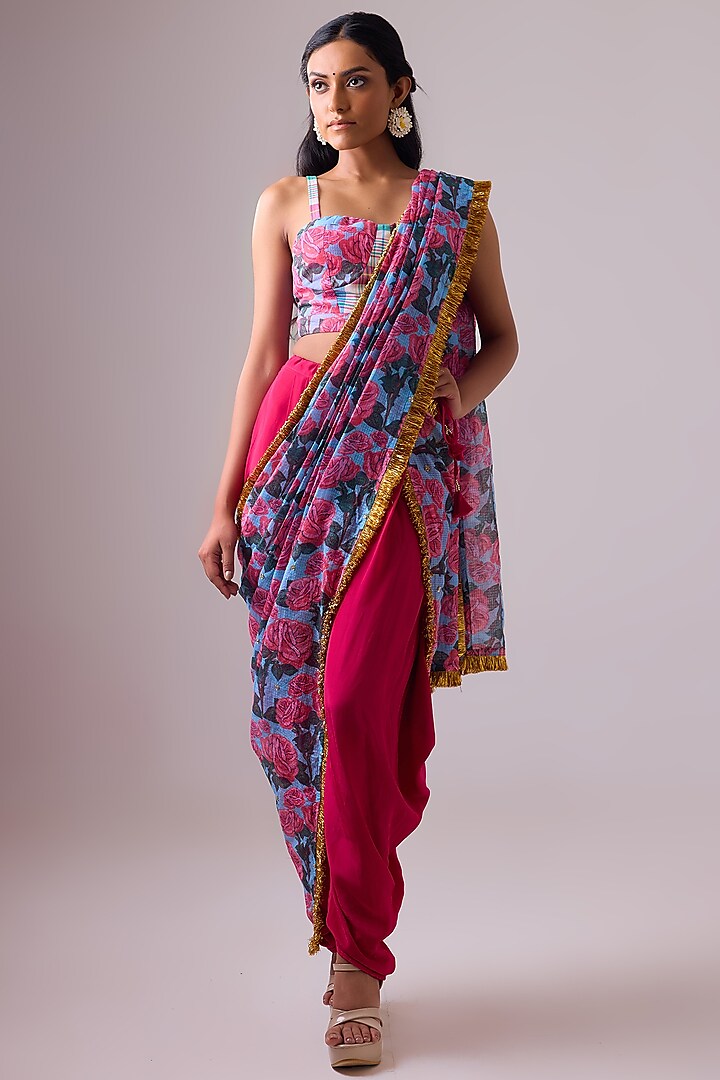 Pink & Blue Kota Dori Floral Printed Dhoti Saree Set by Nikasha at Pernia's Pop Up Shop