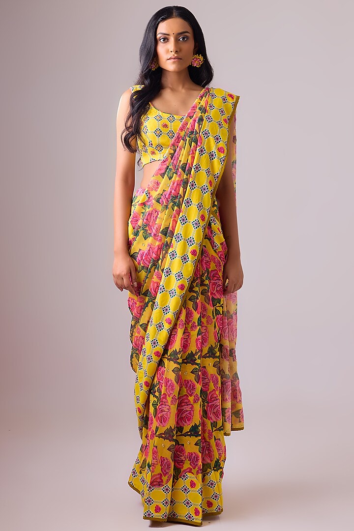 Yellow Georgette Floral Printed Saree Set by Nikasha at Pernia's Pop Up Shop