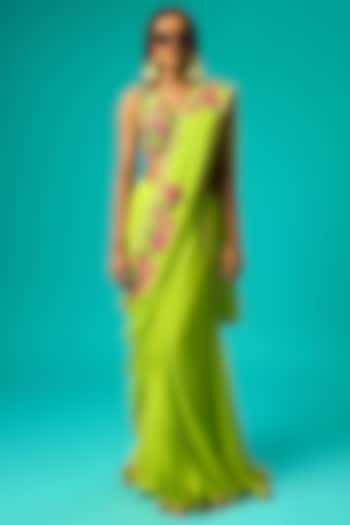 Lime Green Georgette Floral Printed Pre-Stitched Saree Set by Nikasha at Pernia's Pop Up Shop