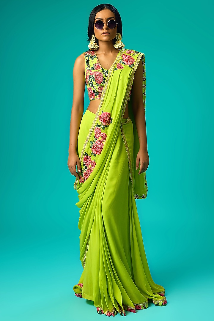 Lime Green Georgette Floral Printed Pre-Stitched Saree Set by Nikasha at Pernia's Pop Up Shop