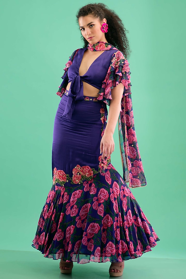 Violet Georgette Floral Printed Fish-Cut Wedding Lehenga Set by Nikasha at Pernia's Pop Up Shop