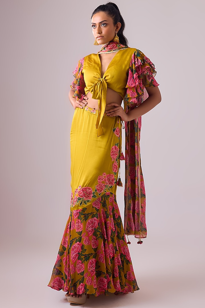 Ochre Georgette Floral Printed Fish-Cut Wedding Lehenga Set by Nikasha at Pernia's Pop Up Shop