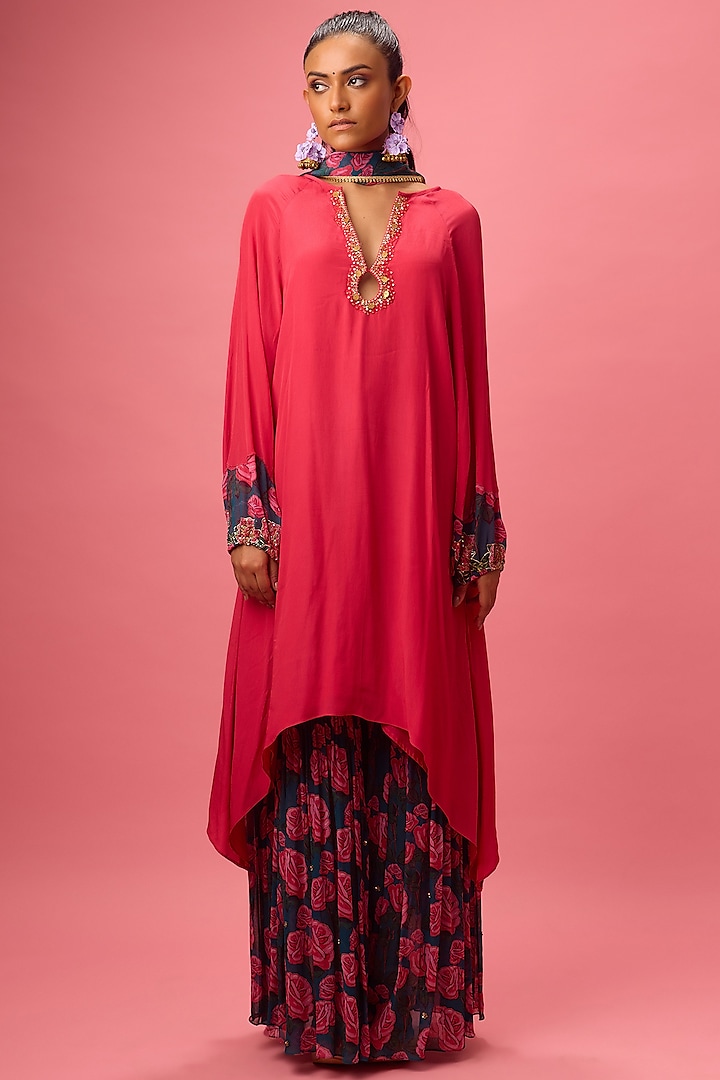 Watermelon Pink Crepe Hand Embroidered Asymmetrical Kurta Set by Nikasha at Pernia's Pop Up Shop