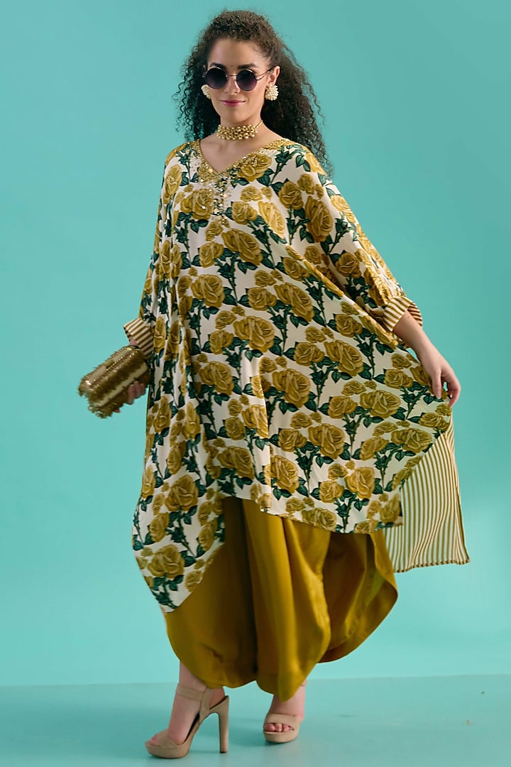 Ochre & White Modal Satin Floral Printed Kaftan Set by Nikasha at Pernia's Pop Up Shop