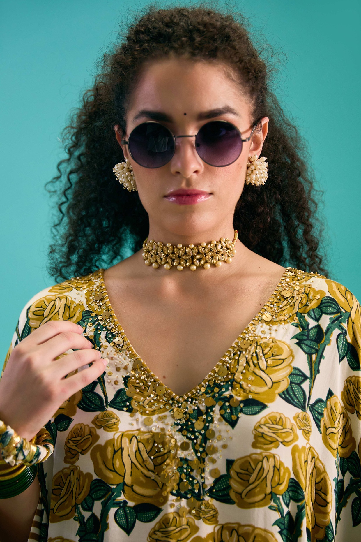 uryya silk kaftan tops カーキ Emerald Green Chiffon and Gold Foil Indian Kaftan | KYNAH USA