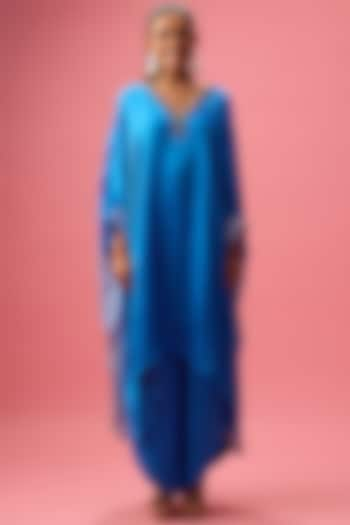 Blue Modal Satin Hand Embroidered Kaftan Set by Nikasha at Pernia's Pop Up Shop