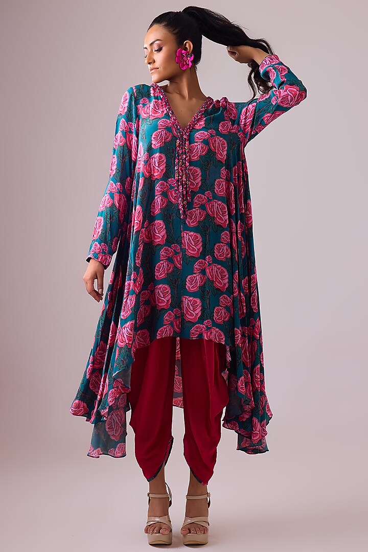 Jade Green Crepe Floral Printed Asymmetric Kurta Set by Nikasha at Pernia's Pop Up Shop