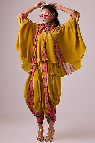 Ochre Crepe Floral Printed Dhoti Pant Set by Nikasha