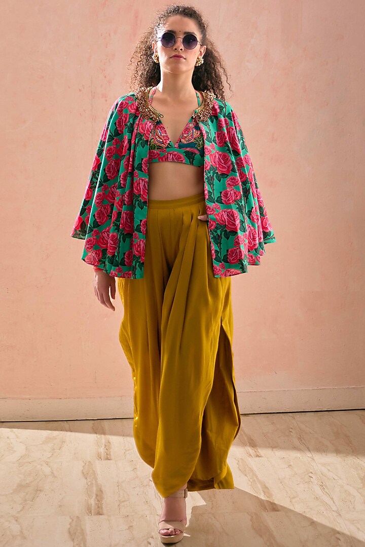 Pista Green Crepe Floral Printed Cape Set by Nikasha at Pernia's Pop Up Shop