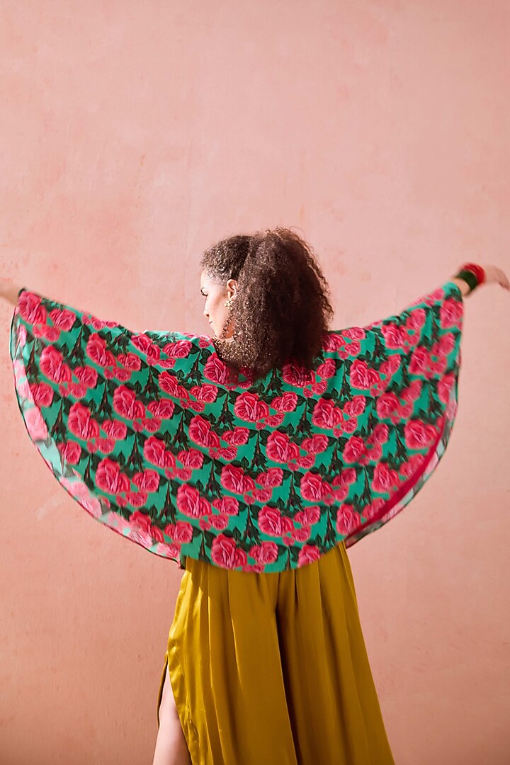 Pista Green Crepe Floral Printed Cape Set by Nikasha at Pernia's Pop Up Shop