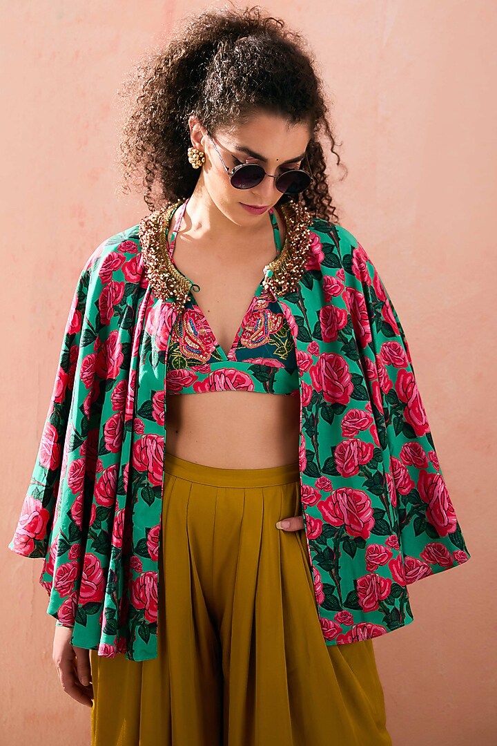 Pista Green Crepe Floral Printed Cape Set by Nikasha at Pernia's Pop Up Shop