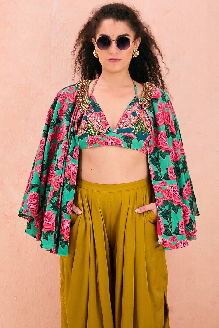 Pista Green Crepe Floral Printed Cape Set by Nikasha at Pernia's Pop Up Shop