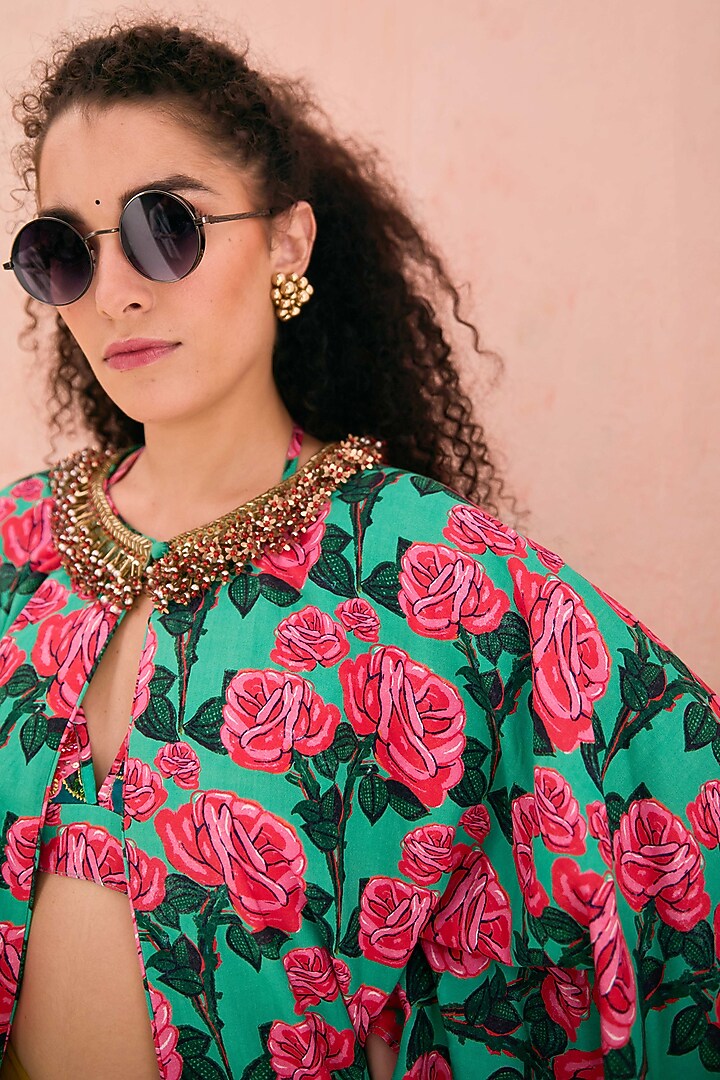 Pista Green Crepe Floral Printed Cape Set by Nikasha at Pernia's Pop Up Shop