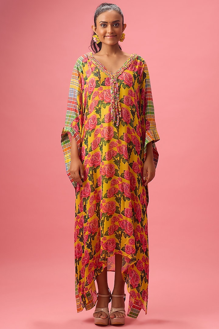 Yellow Cotton Floral Printed Kaftan by Nikasha at Pernia's Pop Up Shop