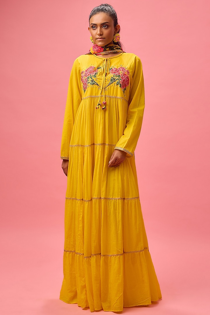 Yellow Mulmul Rose Applique Embroidered Kalidar Anarkali Set by Nikasha at Pernia's Pop Up Shop