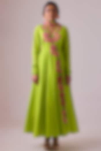 Lime Green Cotton Rose Applique Embroidered Kalidar Anarkali Set by Nikasha at Pernia's Pop Up Shop