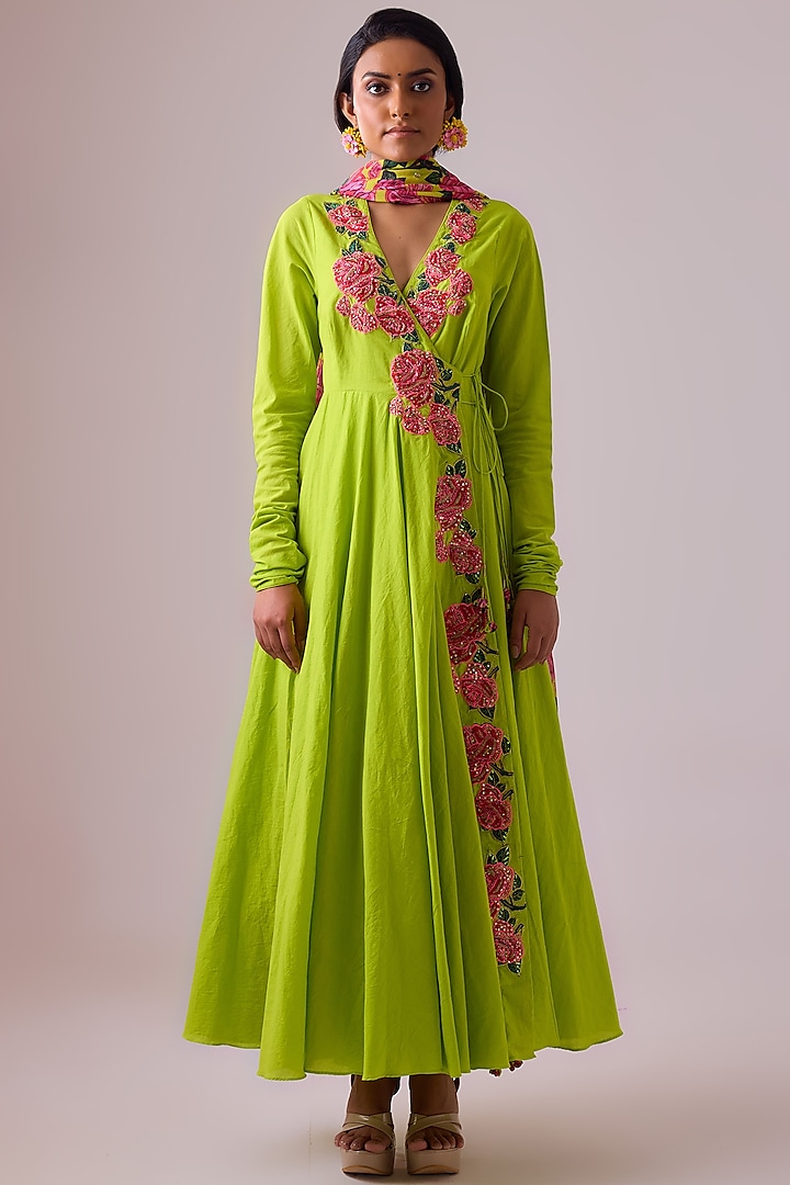 Lime Green Cotton Rose Applique Embroidered Kalidar Anarkali Set by Nikasha at Pernia's Pop Up Shop