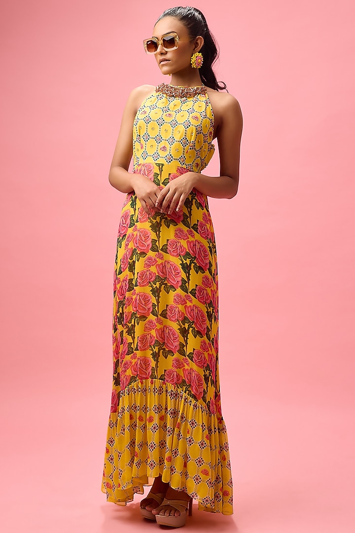 Yellow Cambric Floral Printed Maxi Dress by Nikasha at Pernia's Pop Up Shop