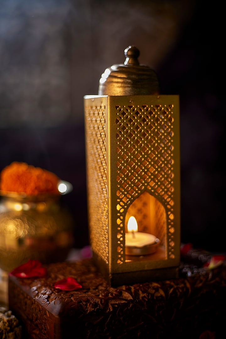 Gold Iron Handcrafted Tea-Light Holder Gift Set by Nakshikathaa at Pernia's Pop Up Shop