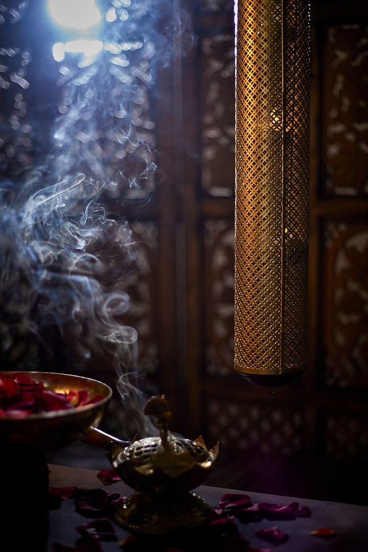 Gold Hand Crafted Hanging Tea Light Holder by Nakshikathaa at Pernia's Pop Up Shop