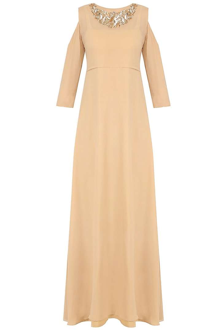 Beige embroidered cold shoulder long dress available only at Pernia's Pop Up Shop.