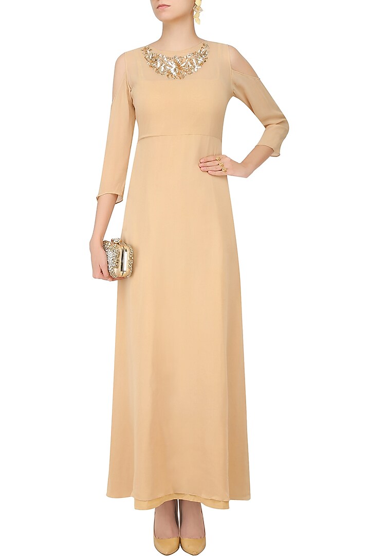 Beige embroidered cold shoulder long dress available only at Pernia's Pop Up Shop.