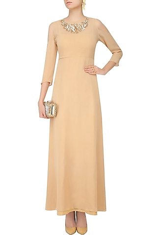 Beige Embroidered Cold Shoulder Long Dress by Nimirta Lalwani