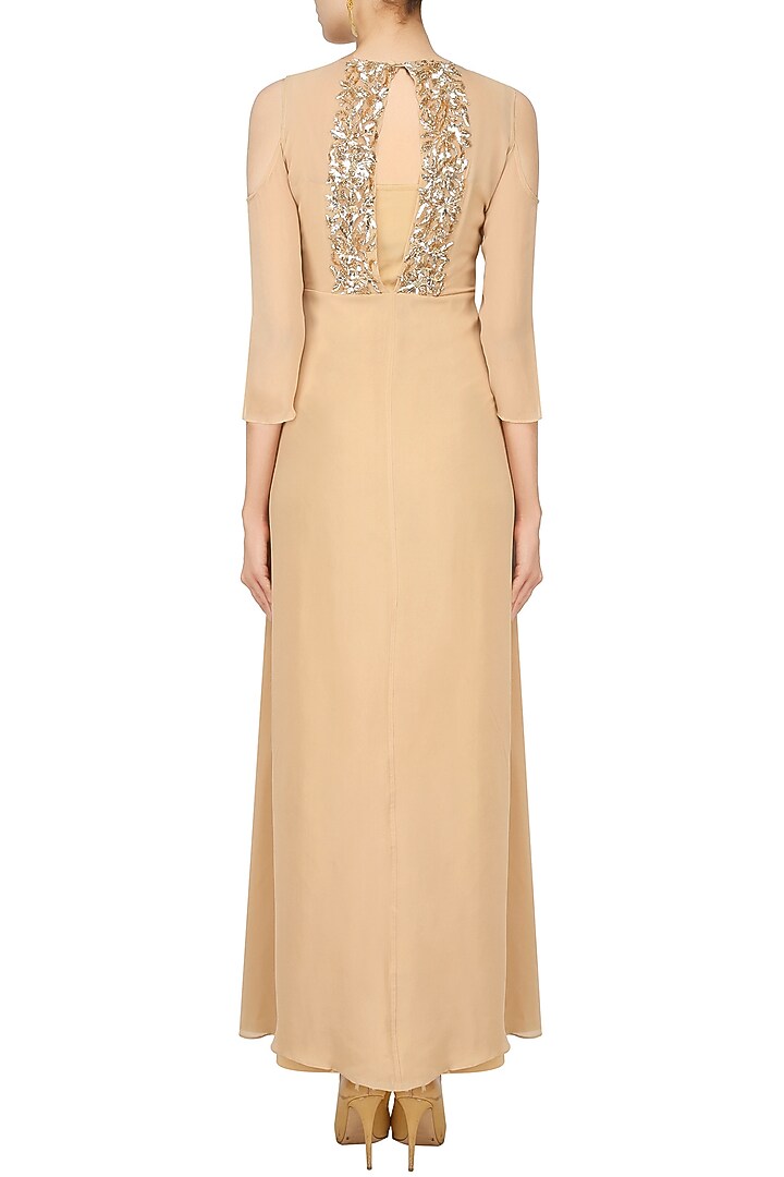 Beige embroidered cold shoulder long dress available only at Pernia's Pop Up Shop.
