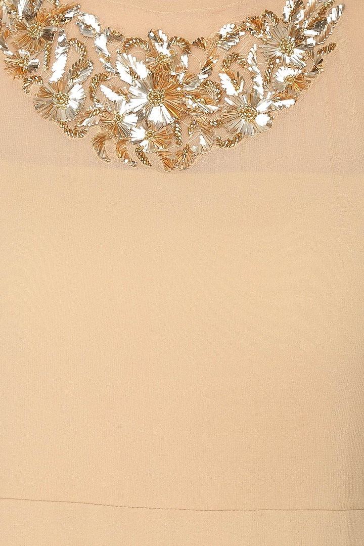 Beige embroidered cold shoulder long dress available only at Pernia's Pop Up Shop.