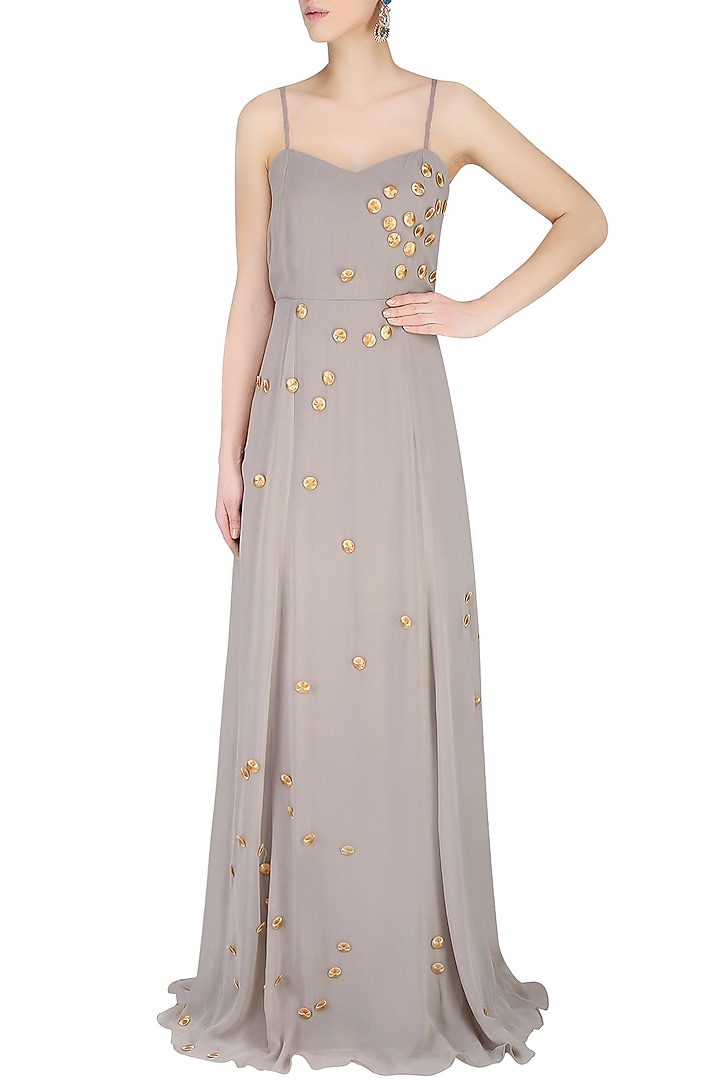 Silver and gold round motifs long flared gown available only at Pernia's Pop Up Shop.
