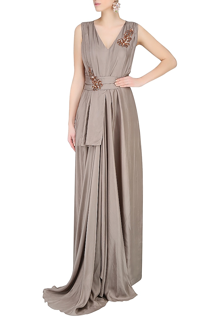Grey embroidered long flared drape gown available only at Pernia's Pop Up Shop.