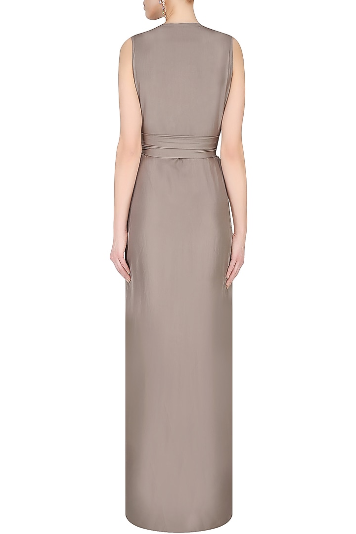 Grey embroidered long flared drape gown available only at Pernia's Pop Up Shop.
