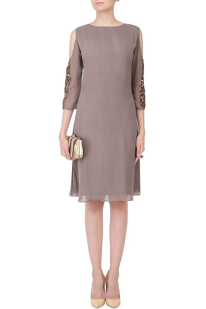 Grey embroidered cold shoulder knee length dress available only at Pernia's Pop Up Shop.