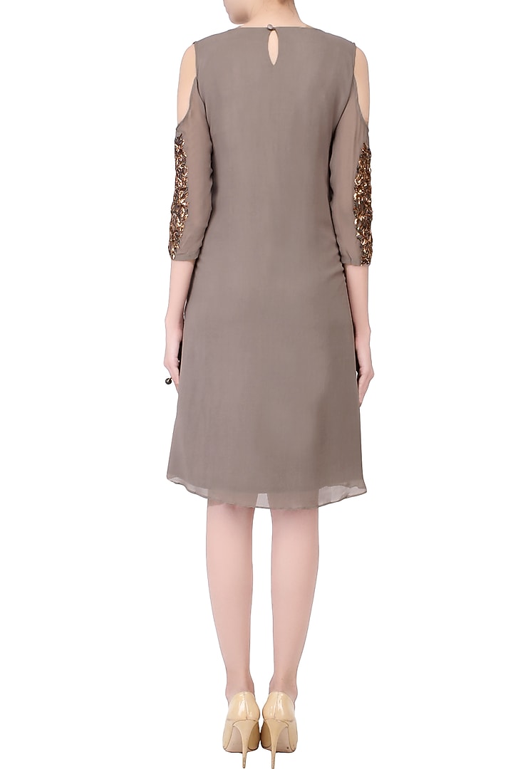 Grey embroidered cold shoulder knee length dress available only at Pernia's Pop Up Shop.