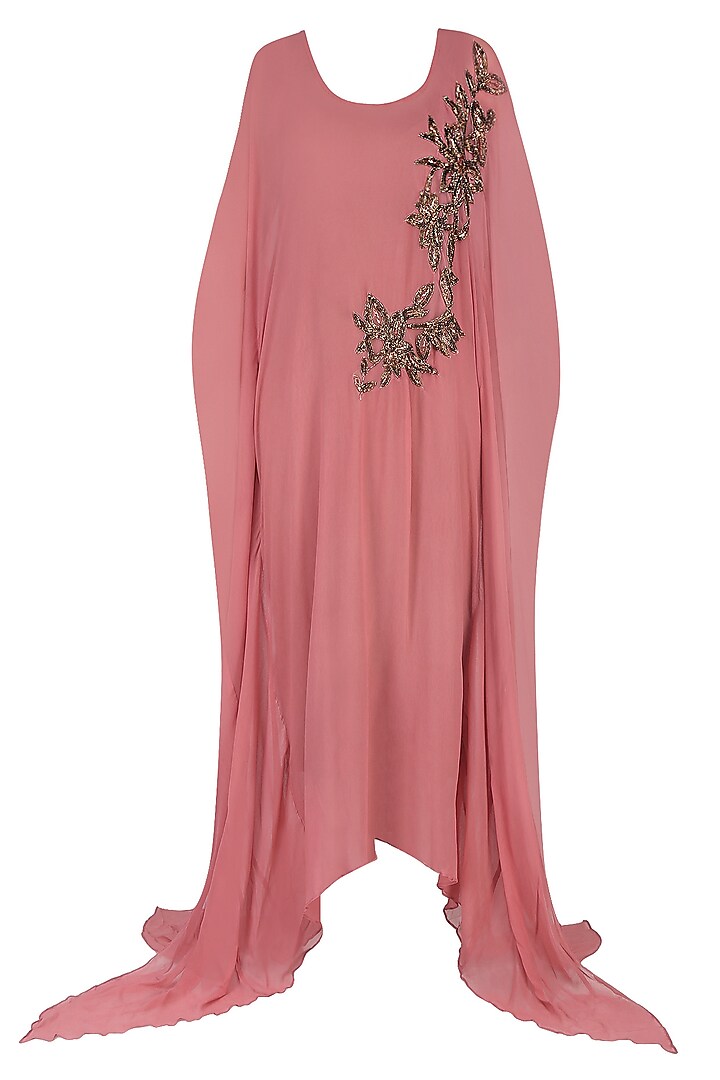 Rose Pink Embroidered Long Flared Kaftan Gown by Nimirta Lalwani