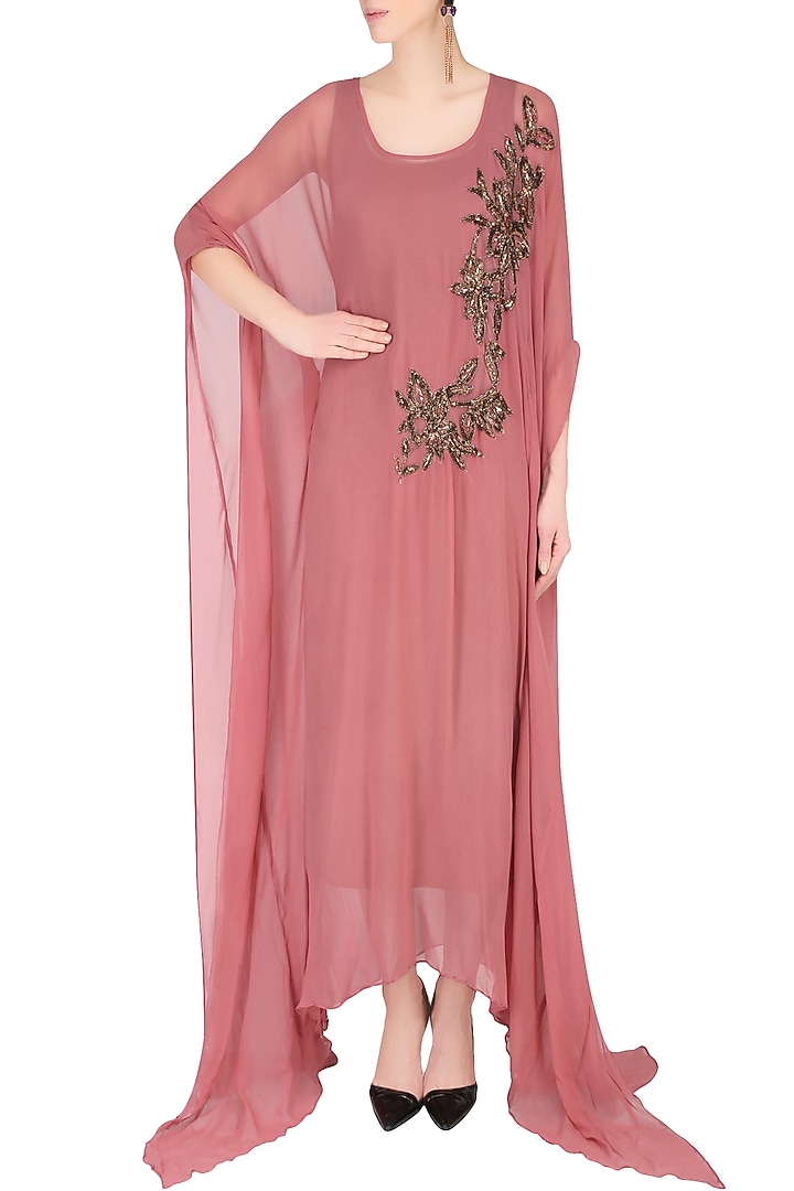 Rose pink embroidered long flared kaftan gown available only at Pernia's Pop Up Shop.