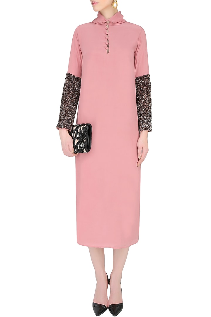 Rose pink sequins embroidered full sleeves dress available only at Pernia's Pop Up Shop.