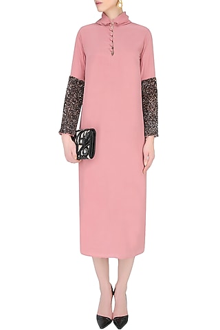 Rose Pink Sequins Embroidered Full Sleeves Dress by Nimirta Lalwani